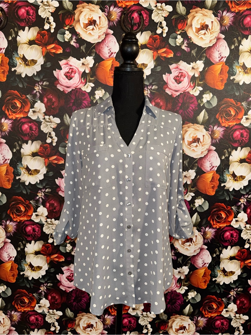 Express Women's Portofino Grey Polka Dot Button-Up Blouse, M